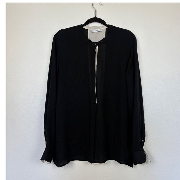 Vince Mandarin Collar V Neck Two Tone Balloon Sleeve Cuffed Wrist Blouse Large - Picture 1 of 4
